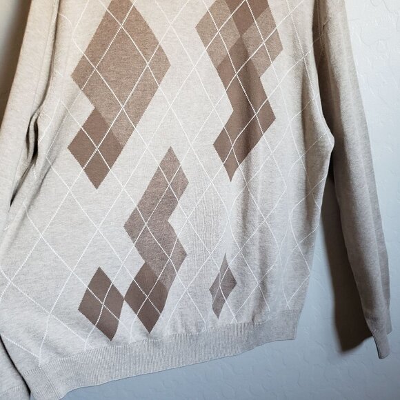 Perry Ellis Knit Argyle Crew Neck Sweater 100% Cotton Tan/Brown Size Men's XL - Picture 5 of 9